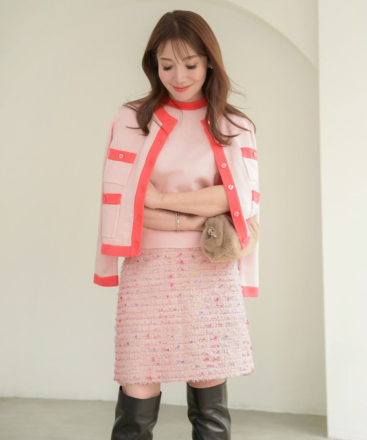 手洗い可 ボトムス レディース スカート ミニ 台形 かわいい 大人 オフィス きれいめ ツィード ブーツ合わせ ジョイントスペース