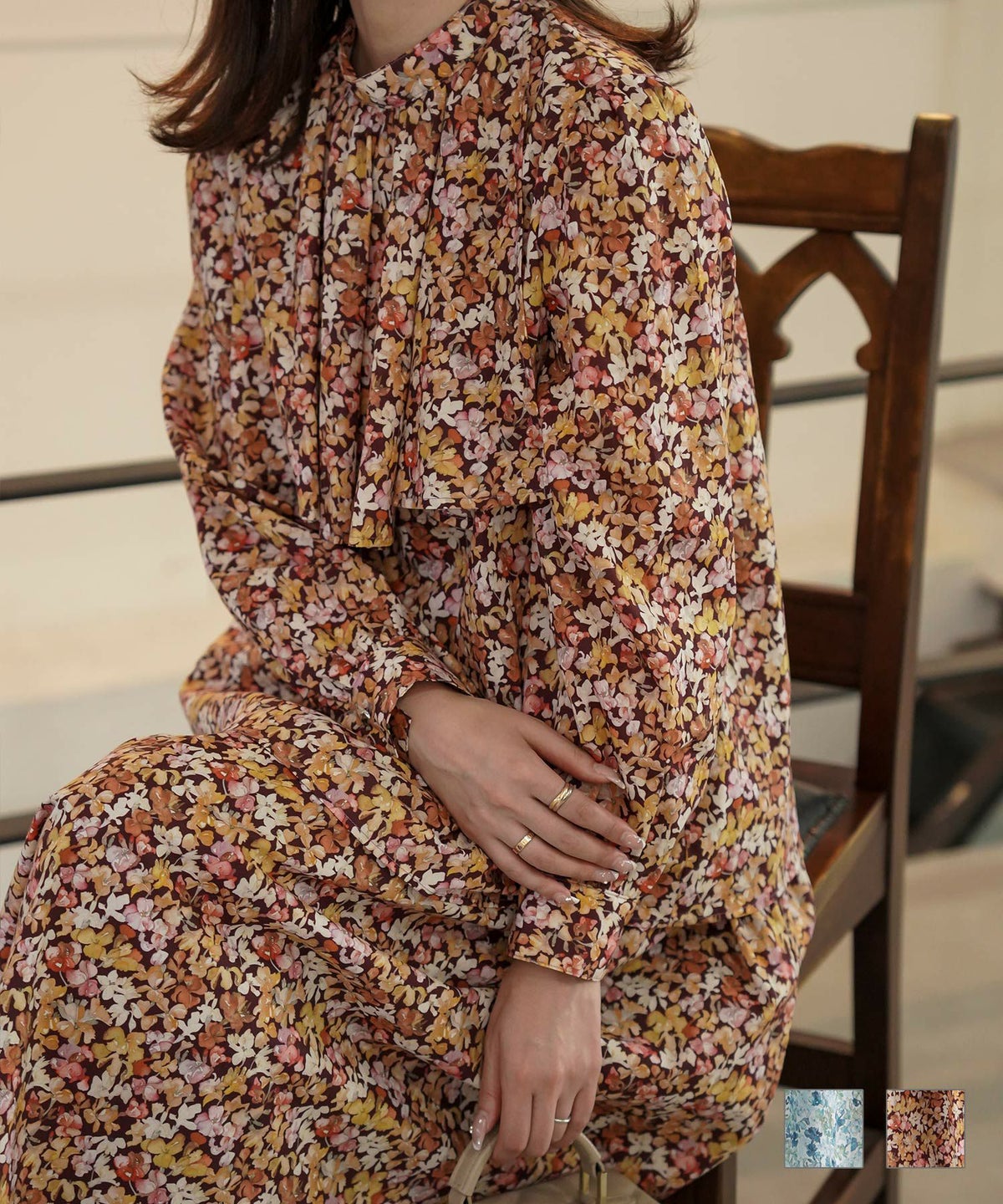 クラシカル 上品 フリル スタンドネック Aライン セットアップ ケープデザイン ブラウス Made with Liberty Fabric HUIT