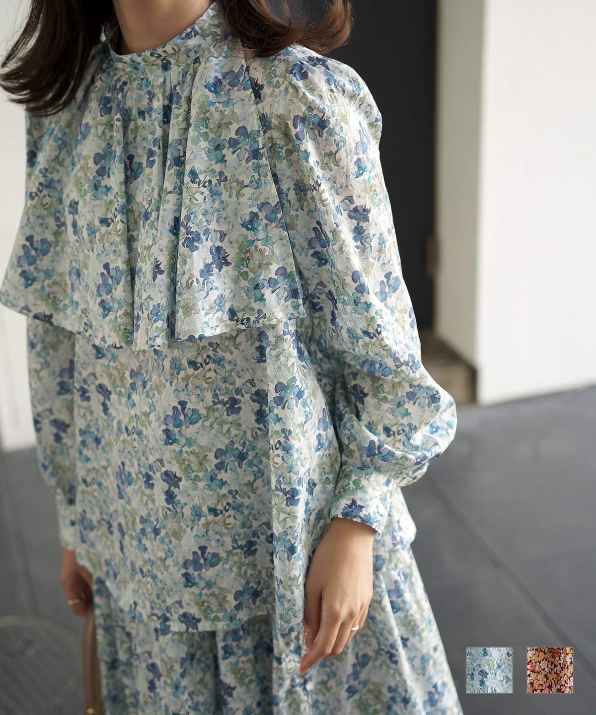 クラシカル 上品 フリル スタンドネック Aライン セットアップ ケープデザイン ブラウス Made with Liberty Fabric HUIT