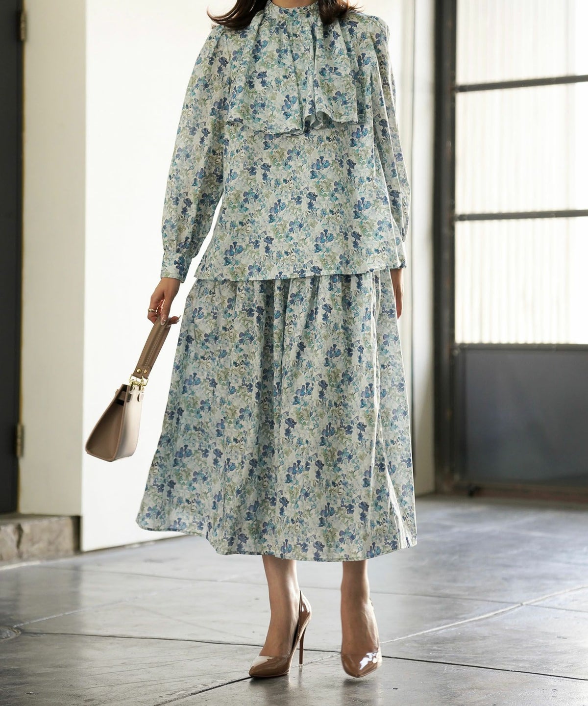 クラシカル 上品 フリル スタンドネック Aライン セットアップ/ブルー/ブラウン/M