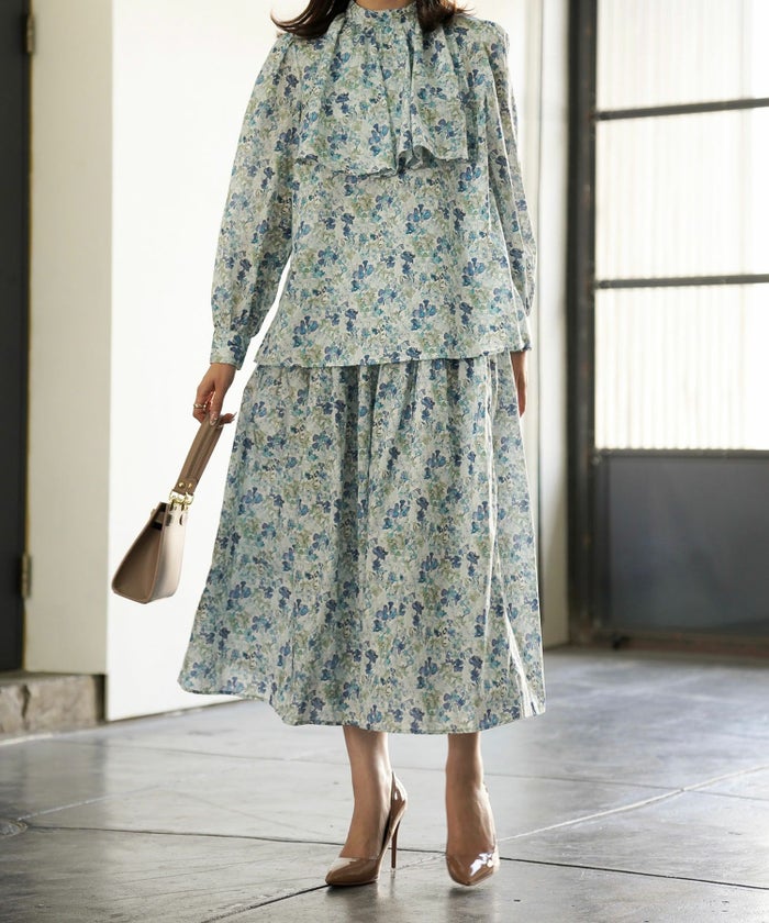 クラシカル 上品 フリル スタンドネック Aライン セットアップ/ブルー/ブラウン/M