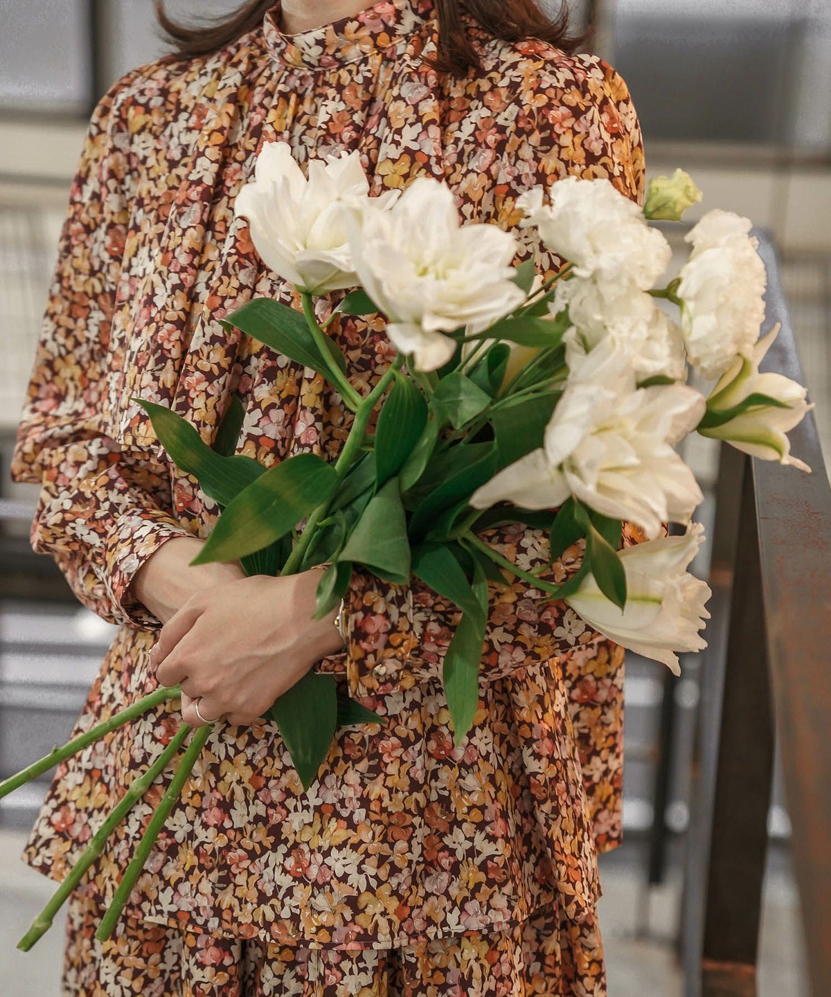 クラシカル 上品 フリル スタンドネック Aライン セットアップ/ブルー/ブラウン/M