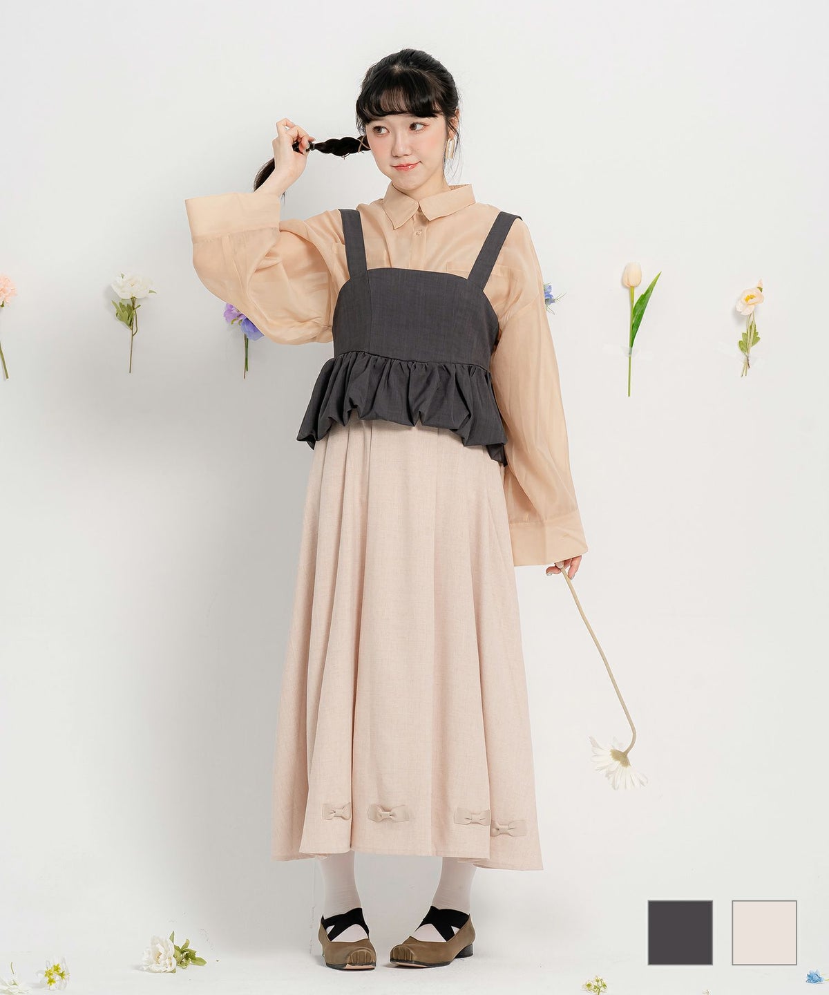 ヘムデザイン ギャザー ウエストゴム ベーシック バックル バルーン ビスチェ miolite