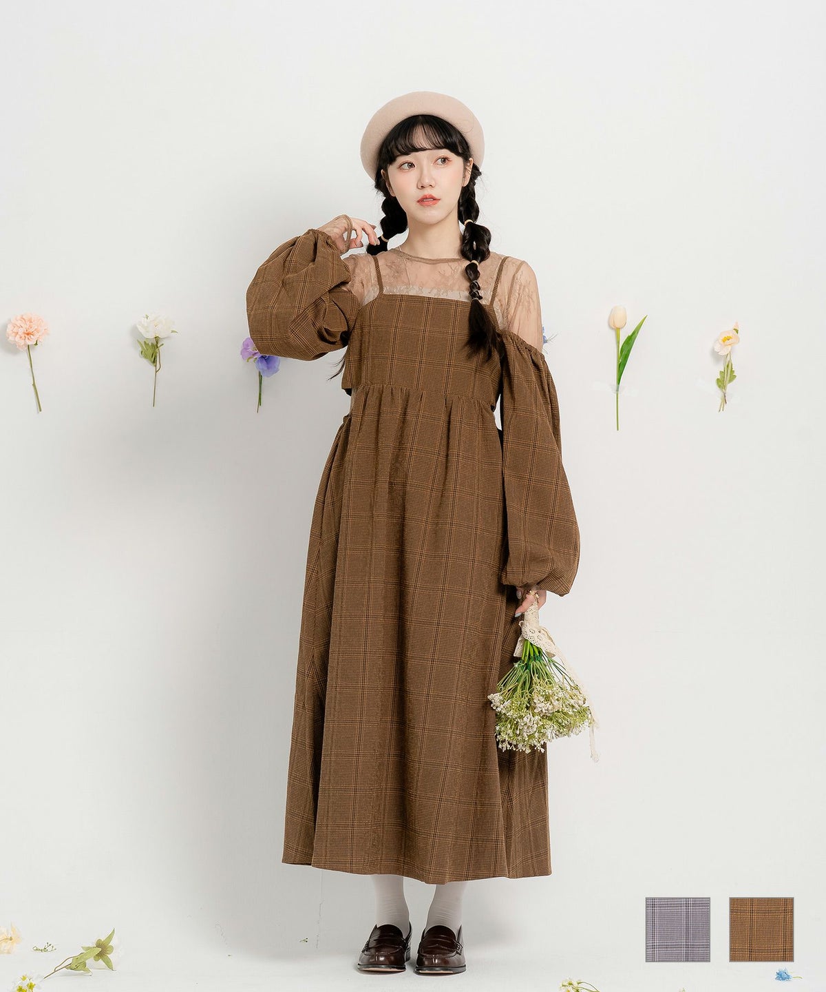 2WAY スクエアネック 秋冬 Aライン ボリュームスリーブ チェック柄 オフショル ロング ワンピース miolite