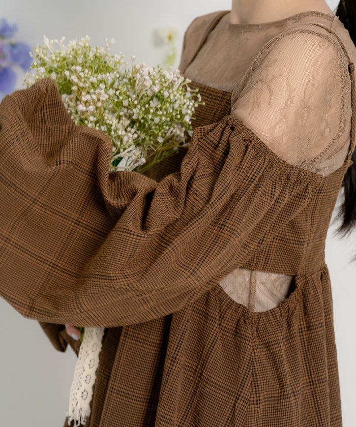 2WAY スクエアネック 秋冬 Aライン ボリュームスリーブ/ラベンダー/キャメル/M