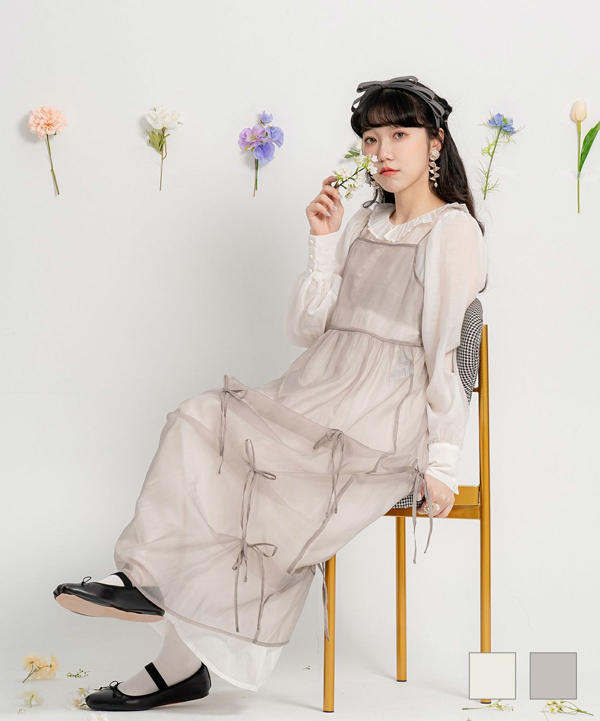 ギャザー ドレープ ボリューム ロマンティック シアー感 オーガンジー リボン付き キャミワンピース miolite