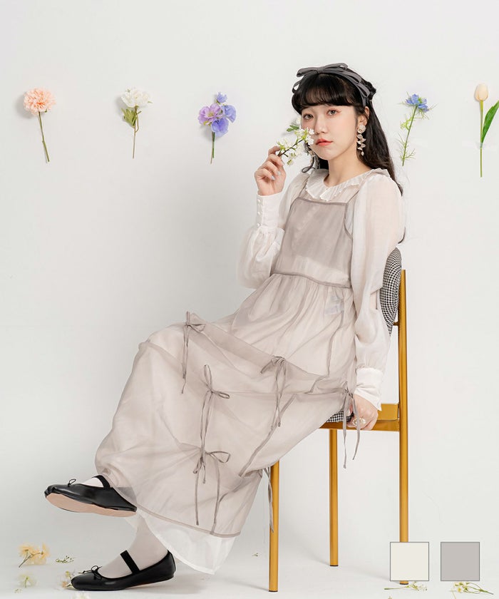 ギャザー ドレープ ボリューム ロマンティック シアー感 オーガンジー リボン付き キャミワンピース miolite