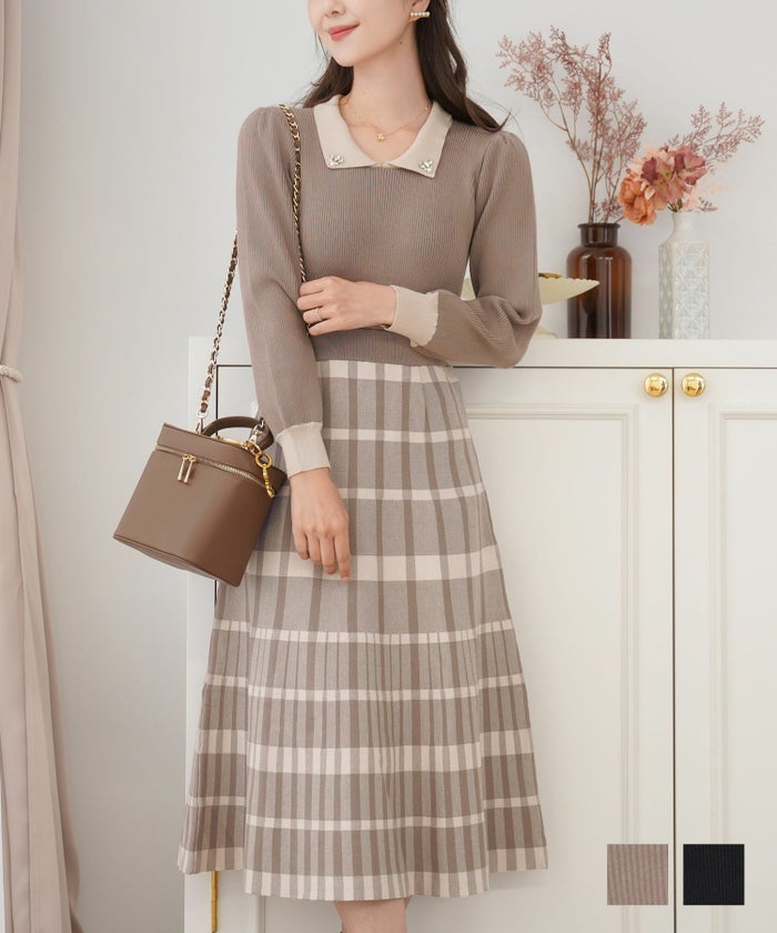 配色 バイカラー 襟 チェック柄 ジャカード 上品 エレガント 大人可愛い ビジュー パール 長袖 ニット 綺麗め 膝下丈 ミモレ丈 授業参観 ママ 学校行事 アフタヌーンティー オケージョン モカ ブラック ジャカードチェック 襟付き ニット ワンピース le reve vaniller