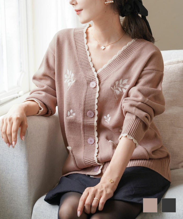 レディース カーディガン 羽織 オールシーズン 着回し レイヤードコーデ ロングカーディガン ポケット 刺繍 スカラップ Vネック 長袖 モカ チャコール 上品 シンプル おしゃれ かわいい 大人 オリジナル刺繍入り ロング カーディガン le reve vaniller
