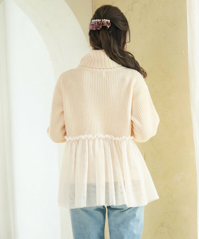 レディース/トップス/ニット/ペプラム/オフタートル/長袖/畔編み/厚手/あったか/伸縮性/ゆったり/チュール/フリル/シースルー/フェミニン/カジュアル/シンプル/ナチュラル/上品/アイボリー/ピンク/チャコール/グレー