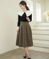 レディース/スカート/ロング/ミモレ/タータンチェック/チェック柄/V字/細見え/華奢/秋/冬/厚手/ファスナー/かぎホック/エレガント/フェミニン/上品/カジュアル/フレアシルエット/タック/ウエストゴム/アイボリー/グレー