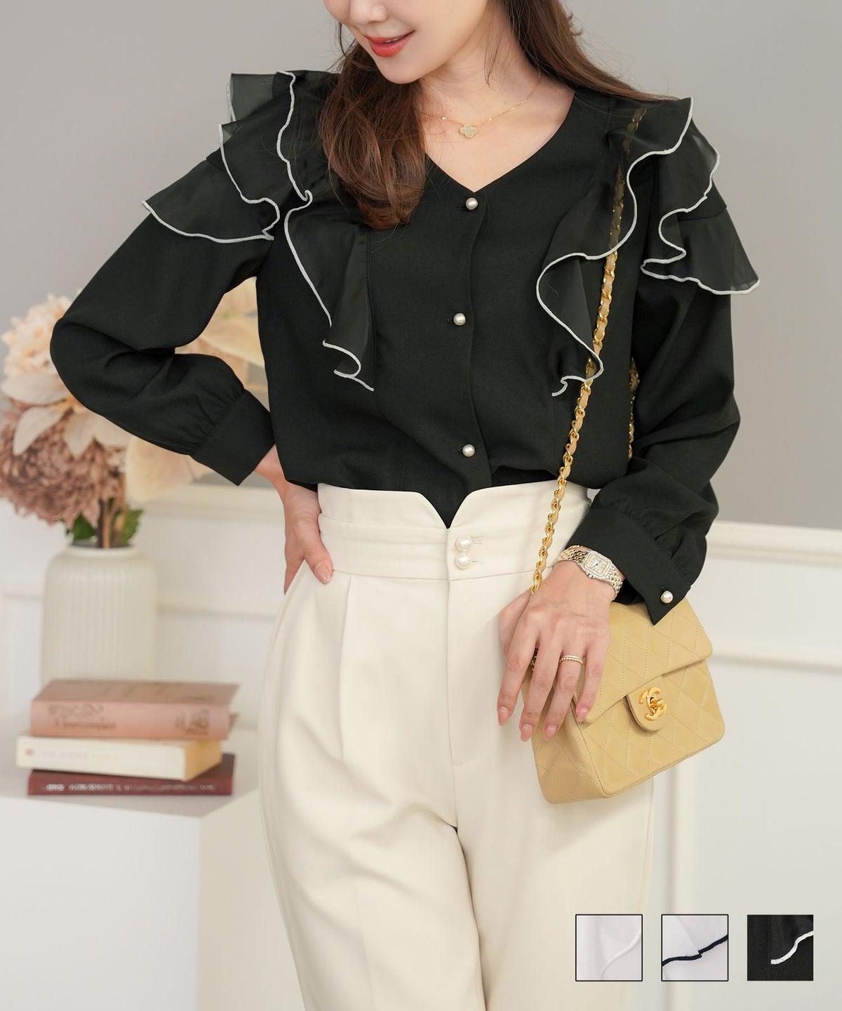 トップス ブラウス フリル 前あき メロー 配色 バイカラー 長袖 Vネック フリル メロー ブラウス le reve vaniller