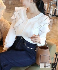 トップス ブラウス フリル 前あき メロー 配色 バイカラー 長袖 Vネック フリル メロー ブラウス le reve vaniller