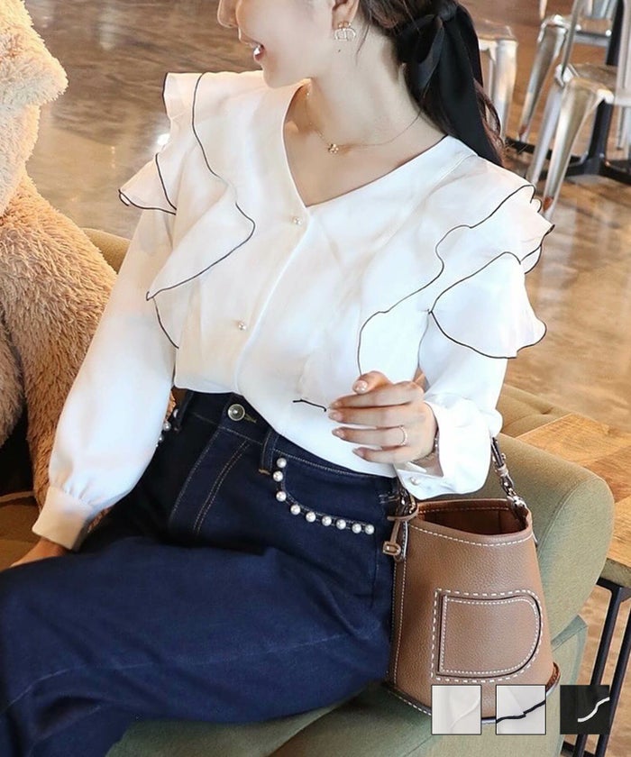 トップス ブラウス フリル 前あき メロー 配色 バイカラー 長袖 Vネック フリル メロー ブラウス le reve vaniller