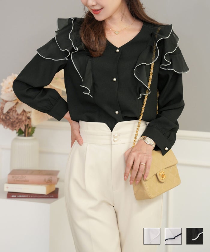 トップス ブラウス フリル 前あき メロー 配色 バイカラー 長袖 Vネック フリル メロー ブラウス le reve vaniller