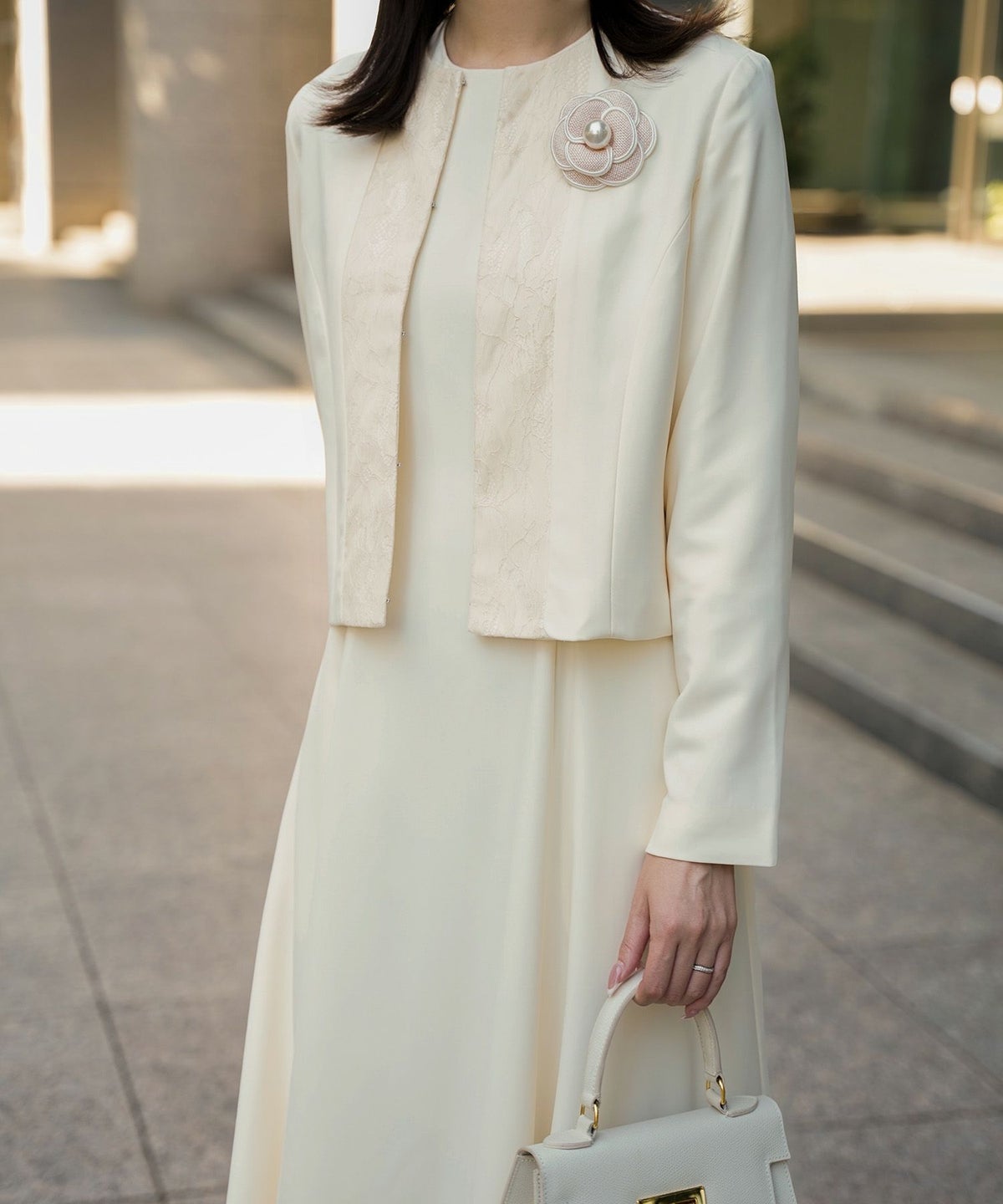 フォーマル ノーカラー 上品 セットアップ/アイボリー/ネイビー/S/M