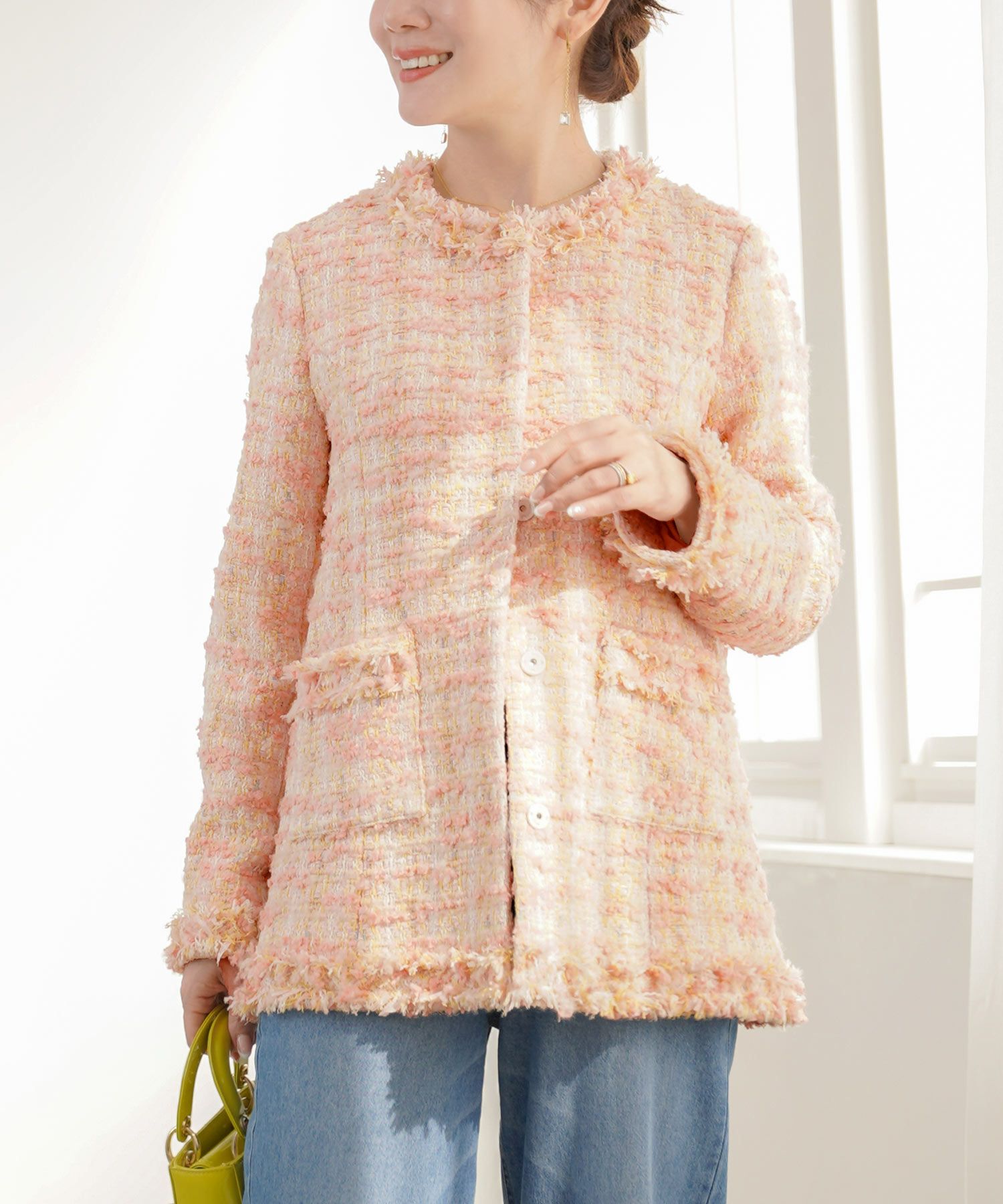 SPRING-SALE ツイード ふちフリンジ ジャケット 長袖 Liala×PG 全3色