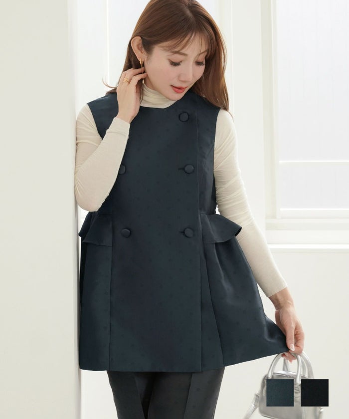 手洗い可 トップス レディース ジレ コーディネート ベスト かわいい オフィス きれいめ 春秋 黒 ジョイントスペース ドットジャガード ペプラム ジレ Liala×PG