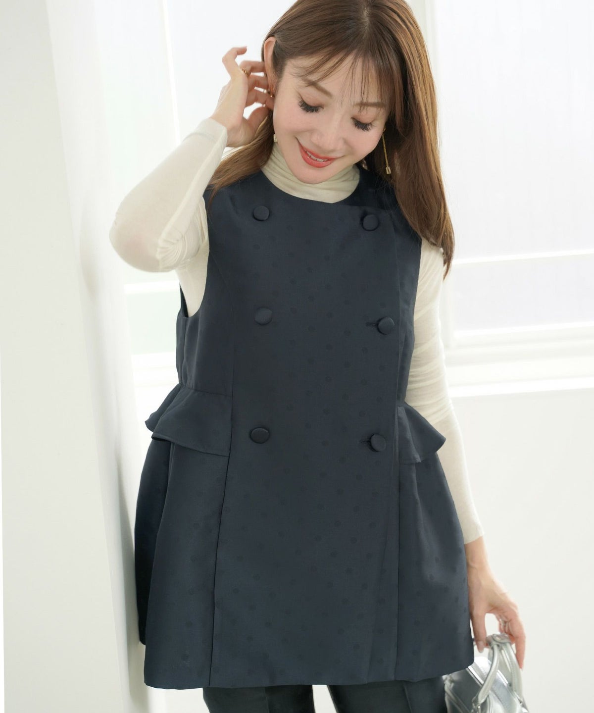 手洗い可 トップス レディース ジレ コーディネート ベスト かわいい オフィス きれいめ 春秋 黒 ジョイントスペース