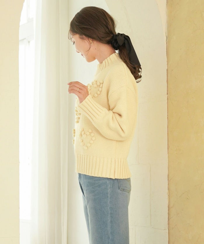 レディース/トップス/ニット/厚手/ポップコーン/ぽこぽこ/秋/冬/春/保温/伸縮/長袖/アイボリー/イエロー/ピンク/ブルー/ブルーグレー/エレガント/フェミニン/上品/カジュアル/可愛い/ハート/柄