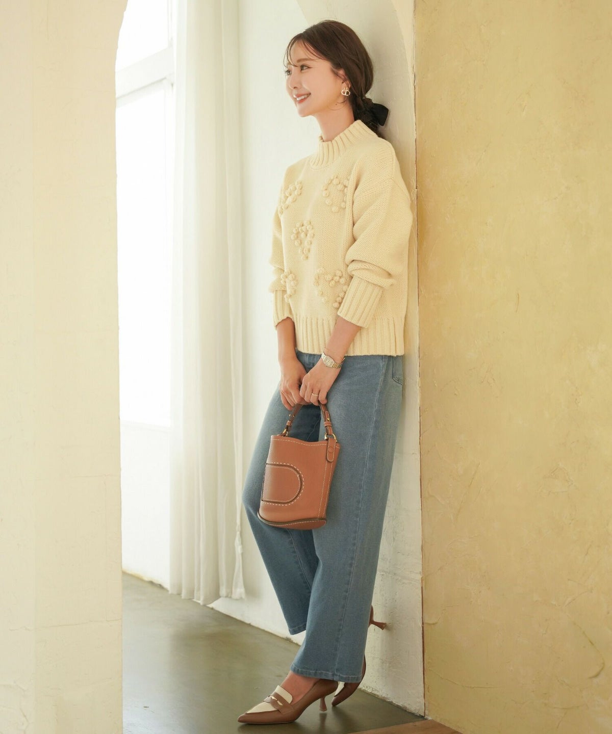 レディース/トップス/ニット/厚手/ポップコーン/ぽこぽこ/秋/冬/春/保温/伸縮/長袖/アイボリー/イエロー/ピンク/ブルー/ブルーグレー/エレガント/フェミニン/上品/カジュアル/可愛い/ハート/柄