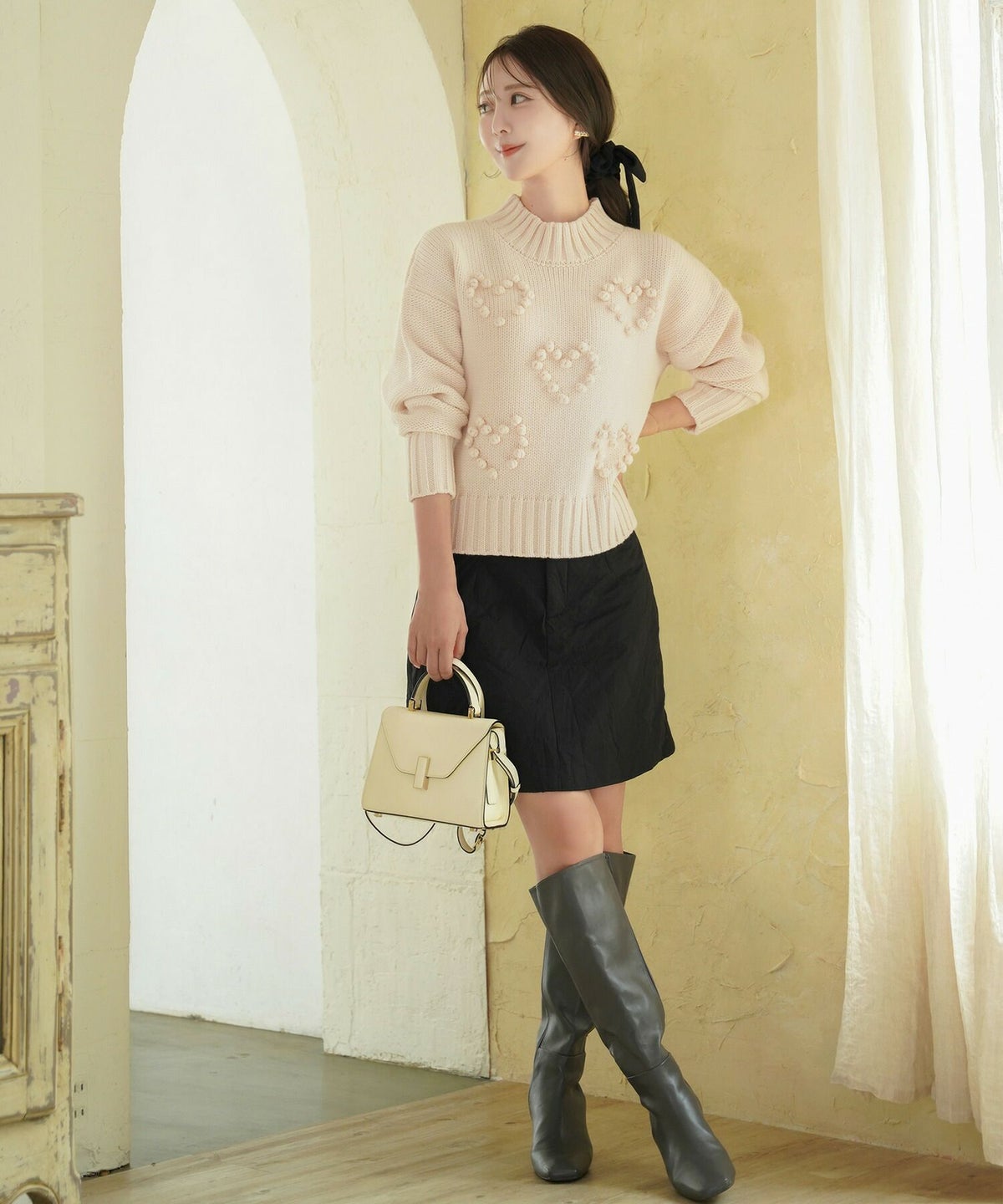 レディース/トップス/ニット/厚手/ポップコーン/ぽこぽこ/秋/冬/春/保温/伸縮/長袖/アイボリー/イエロー/ピンク/ブルー/ブルーグレー/エレガント/フェミニン/上品/カジュアル/可愛い/ハート/柄