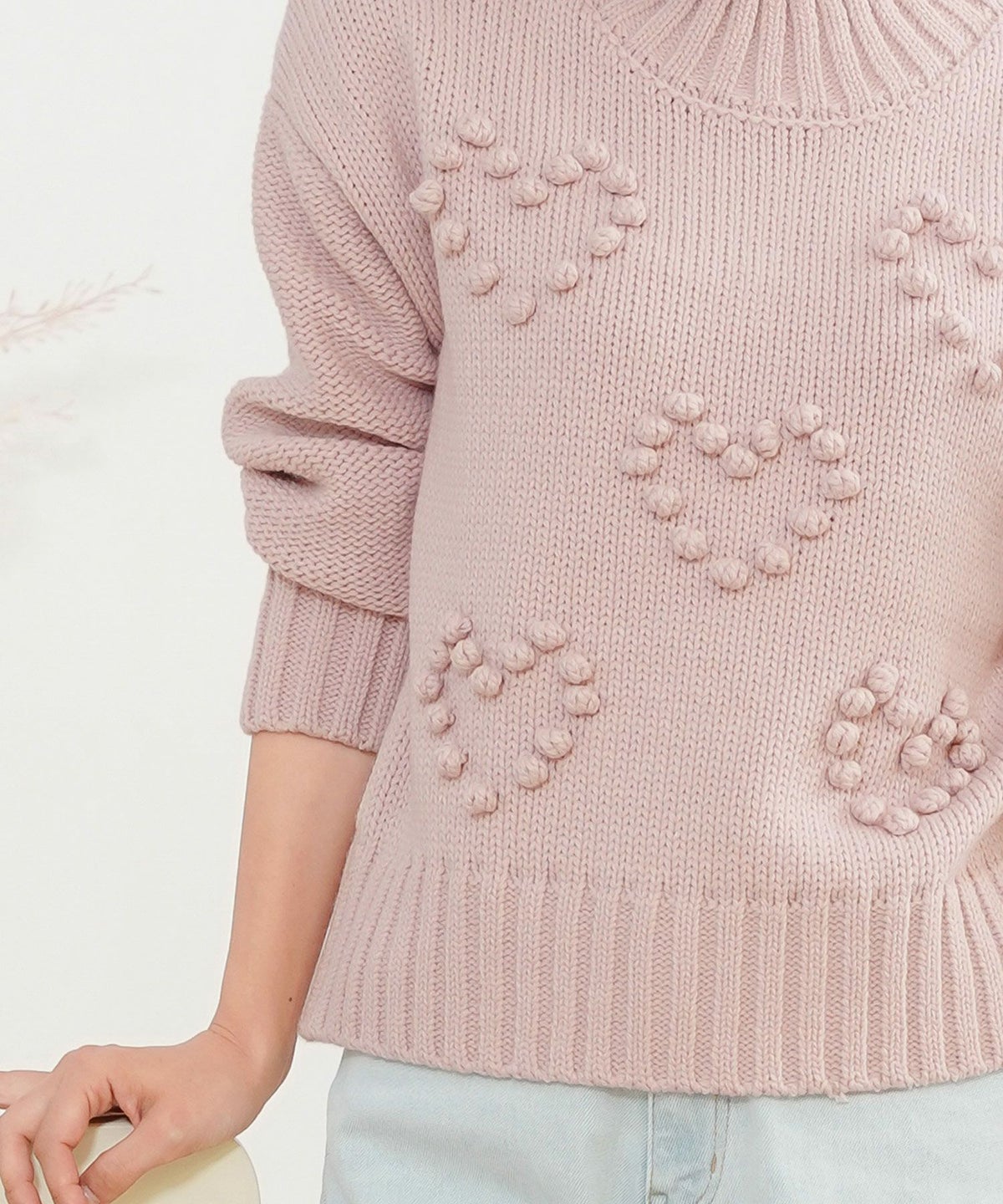 レディース/トップス/ニット/厚手/ポップコーン/ぽこぽこ/秋/冬/春/保温/伸縮/長袖/アイボリー/イエロー/ピンク/ブルー/ブルーグレー/エレガント/フェミニン/上品/カジュアル/可愛い/ハート/柄