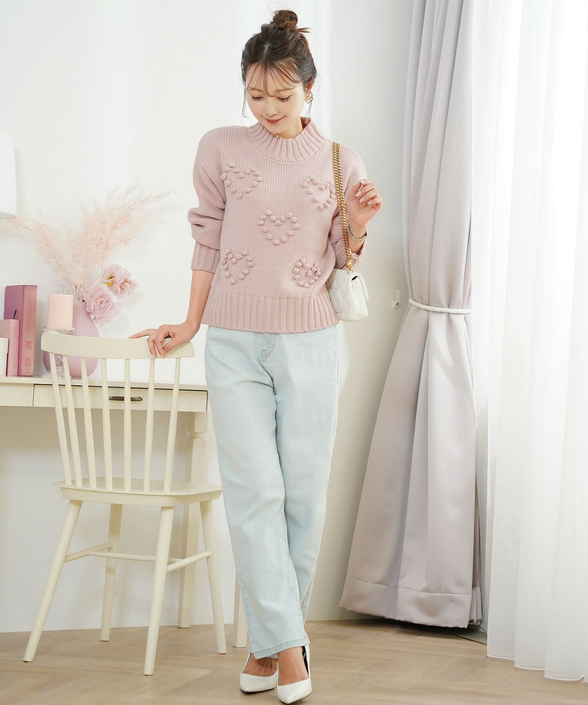 レディース/トップス/ニット/厚手/ポップコーン/ぽこぽこ/秋/冬/春/保温/伸縮/長袖/アイボリー/イエロー/ピンク/ブルー/ブルーグレー/エレガント/フェミニン/上品/カジュアル/可愛い/ハート/柄