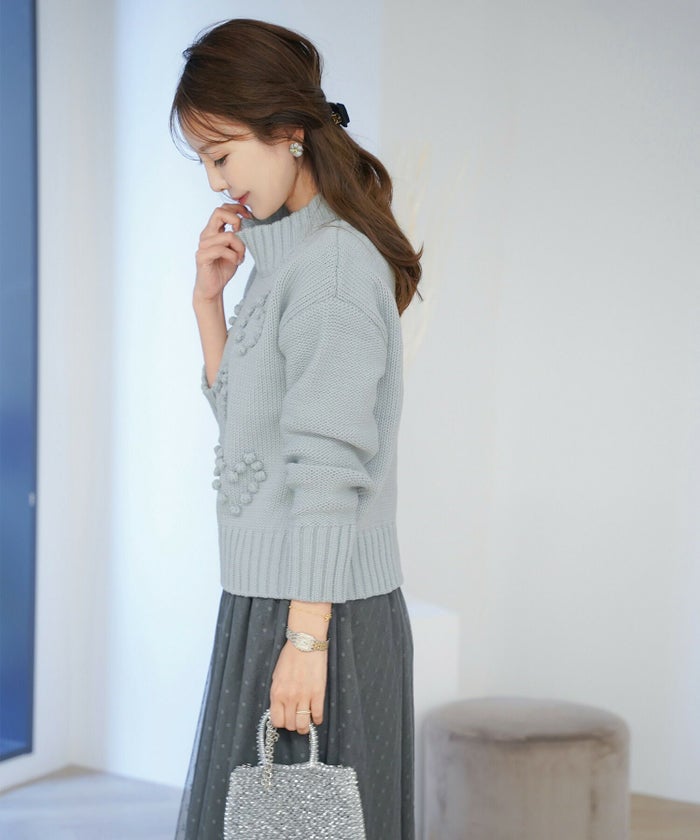 レディース/トップス/ニット/厚手/ポップコーン/ぽこぽこ/秋/冬/春/保温/伸縮/長袖/アイボリー/イエロー/ピンク/ブルー/ブルーグレー/エレガント/フェミニン/上品/カジュアル/可愛い/ハート/柄