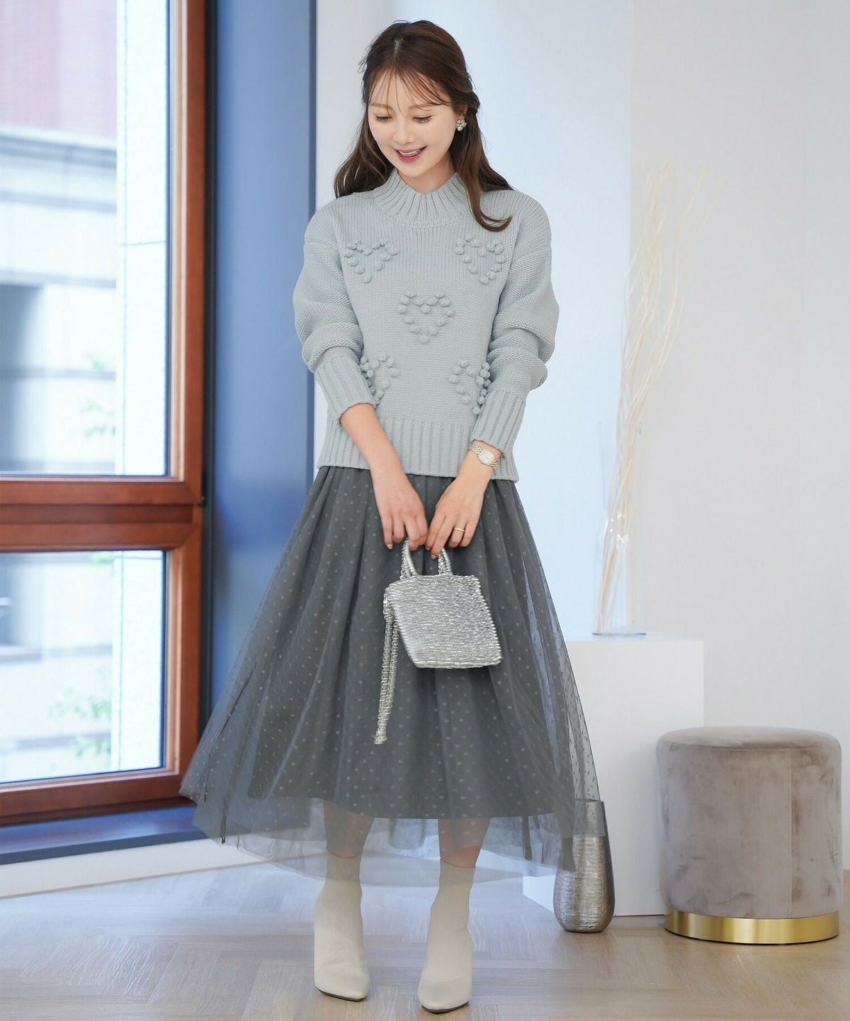 レディース/トップス/ニット/厚手/ポップコーン/ぽこぽこ/秋/冬/春/保温/伸縮/長袖/アイボリー/イエロー/ピンク/ブルー/ブルーグレー/エレガント/フェミニン/上品/カジュアル/可愛い/ハート/柄