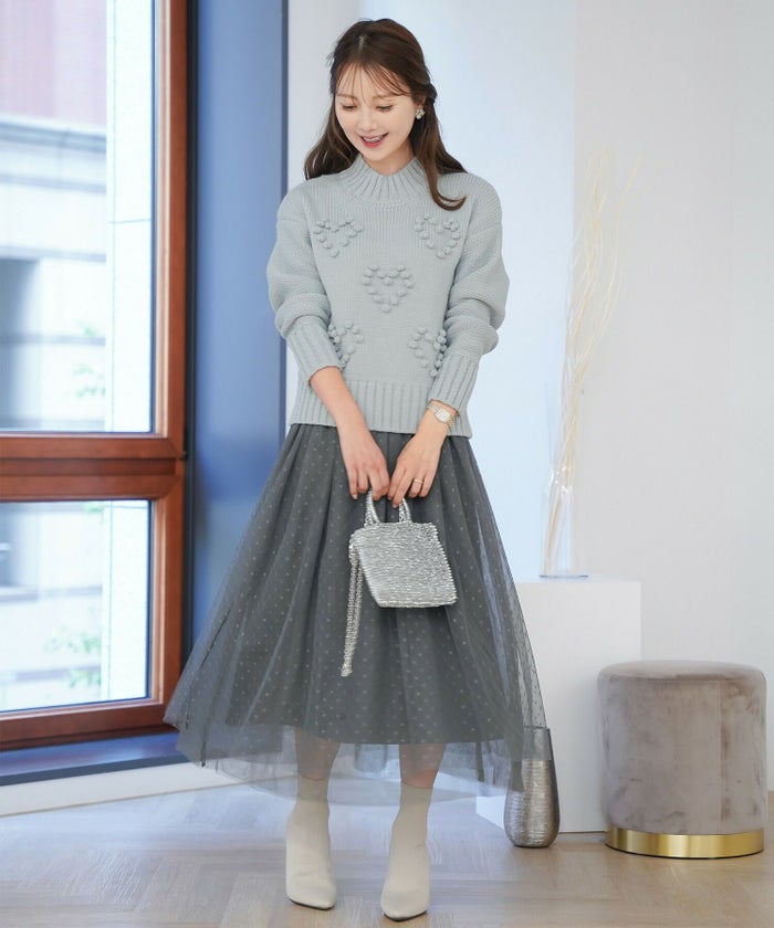 レディース/トップス/ニット/厚手/ポップコーン/ぽこぽこ/秋/冬/春/保温/伸縮/長袖/アイボリー/イエロー/ピンク/ブルー/ブルーグレー/エレガント/フェミニン/上品/カジュアル/可愛い/ハート/柄