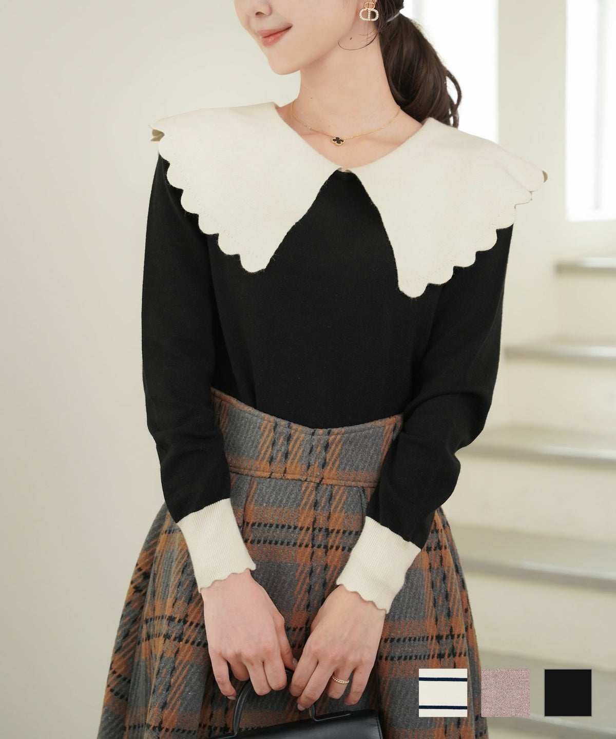 レディース トップス ニット 襟 ビックカラー スカラップ ボーダー 配色 バイカラー モカ ネイビー ブラック マリンコーデ 秋 春 冬 長袖 可愛い 上品 フェミニン エレガント シンプル スカラップ フラットカラー ニット le reve vaniller
