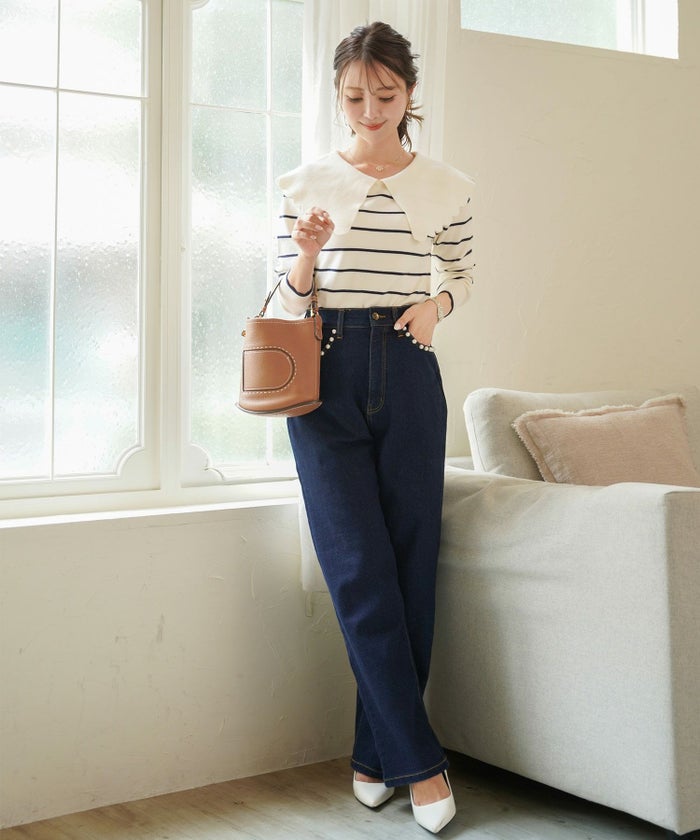 レディース/トップス/ニット/襟/ビックカラー/スカラップ/ボーダー/配色/バイカラー/モカ/ネイビー/ブラック/マリンコーデ/秋/春/冬/長袖/可愛い/上品/フェミニン/エレガント/シンプル