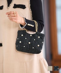 セレクト グッズ バッグ ミニ ポーチ 肩掛け オフィス ランチ きれいめ かわいい 白黒 ジョイントスペース ツイード パール チェーン バッグ Prima Scherrer