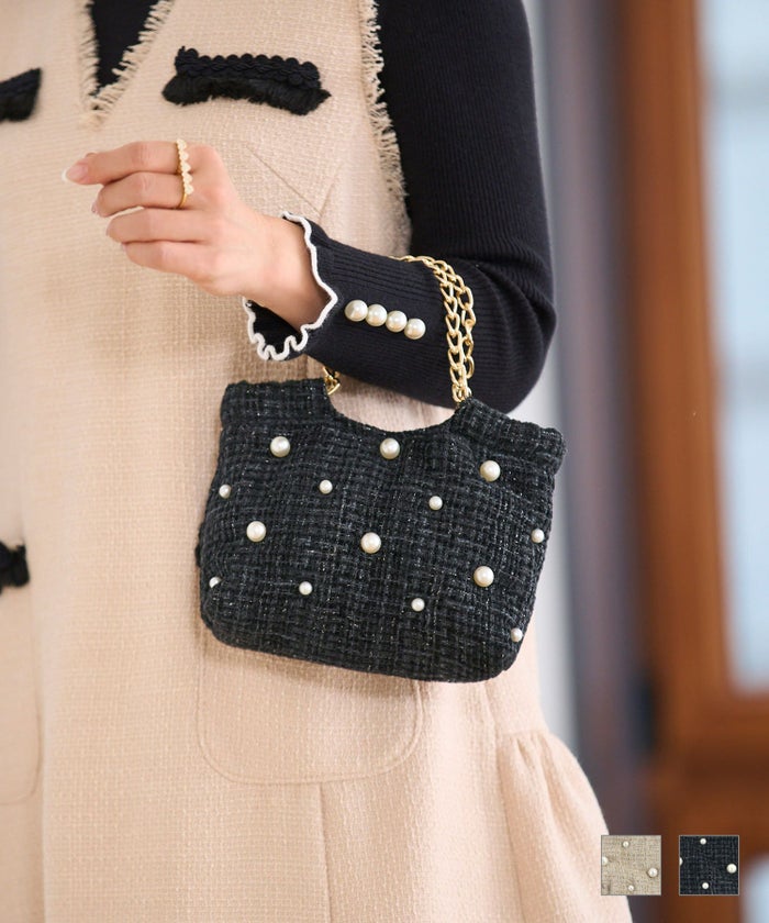 セレクト グッズ バッグ ミニ ポーチ 肩掛け オフィス ランチ きれいめ かわいい 白黒 ジョイントスペース ツイード パール チェーン バッグ Prima Scherrer