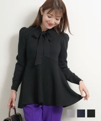 手洗い可 トップス ニット レディース きれいめ オフィス 大人 かわいい シリーズ 秋冬春 リボン グレー ネイビー 黒 ジョイントスペース エコヴェロ ボウタイネック ペプラムフレア ニット Liala×PG