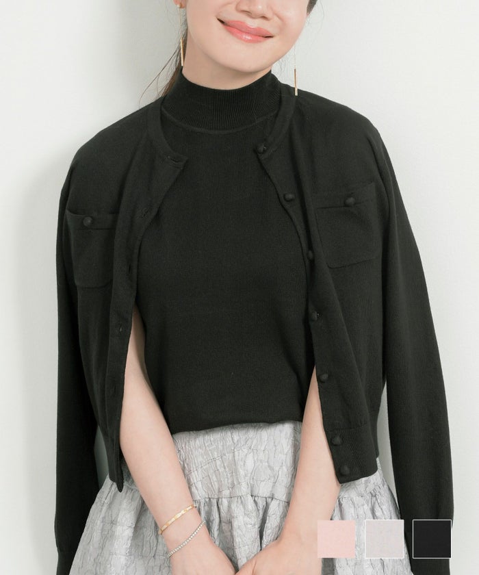 手洗い可 ニット トップス レディース ファッション ハイゲージ オフィス きれいめ アウター 羽織り 黒 ジョイントスペース 綿カシミヤ混 胸元ポケット付き ニット カーディガン Liala×PG