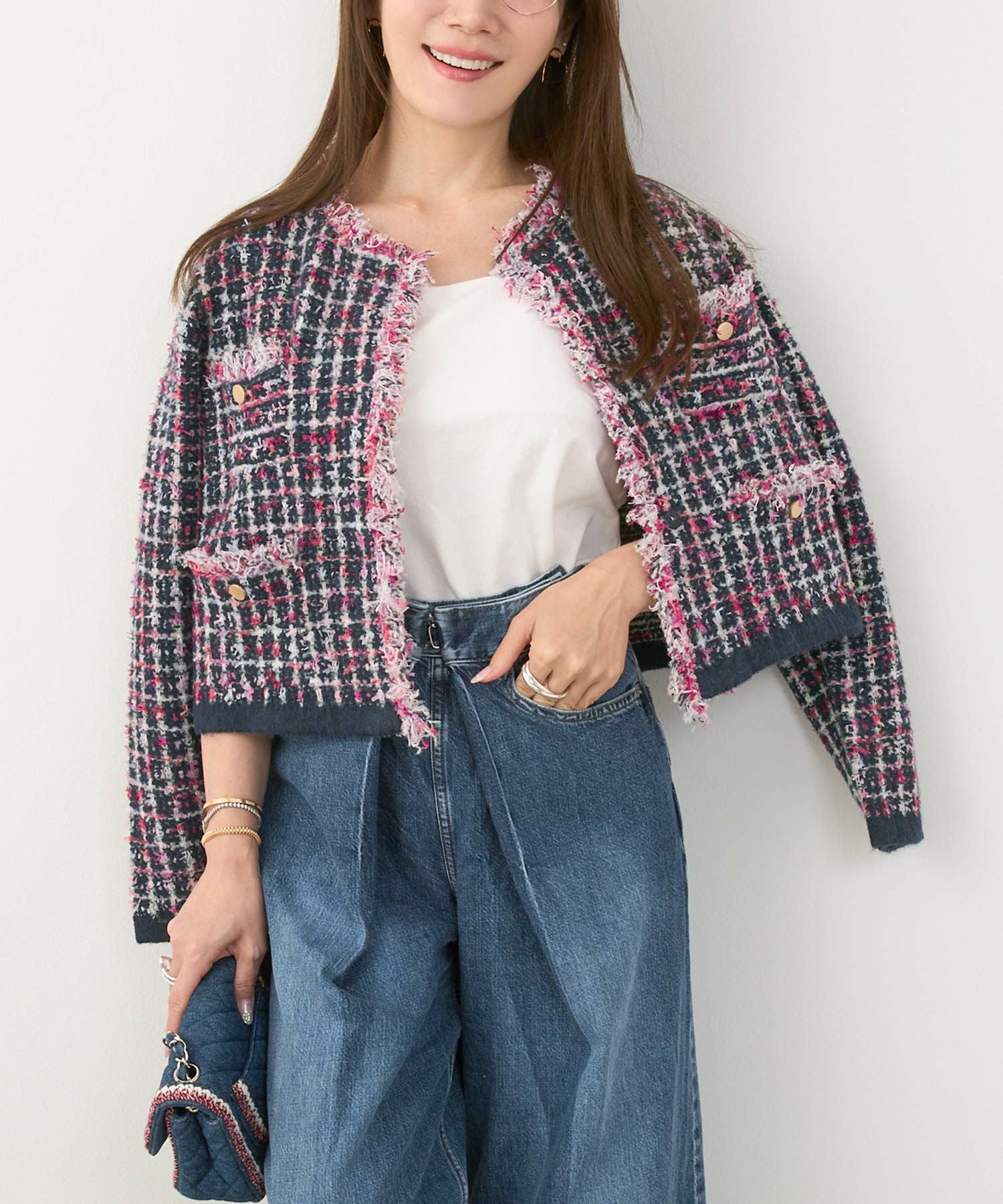 ツイードMIX フリンジ ニット カーディガン