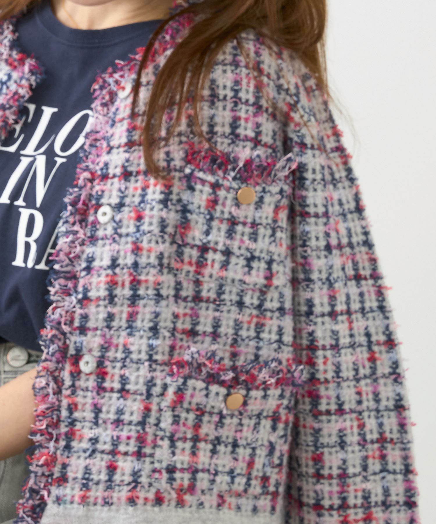 ツイードMIX フリンジ ニット カーディガン