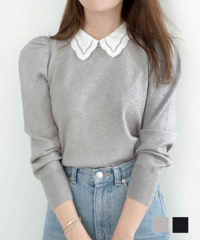 手洗い可 ニット レディース 大人 オフィス きれいめ かわいい 衿 リブ トップス レディース ライトグレー 黒 秋冬春 ジョイントスペース レース襟付き 取り外し可2way ニット 長袖 Liala×PG