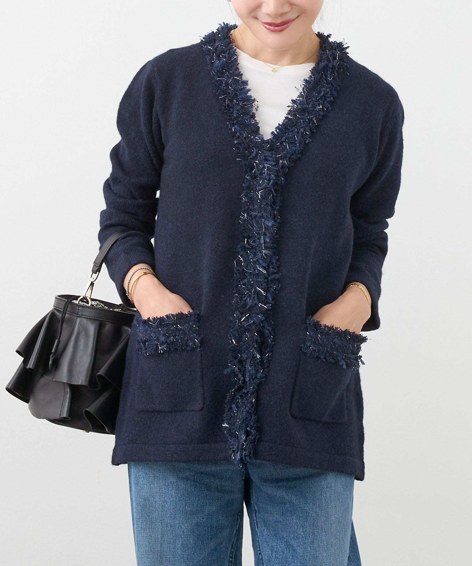 フリンジ ツイード Vネック ニット カーディガン