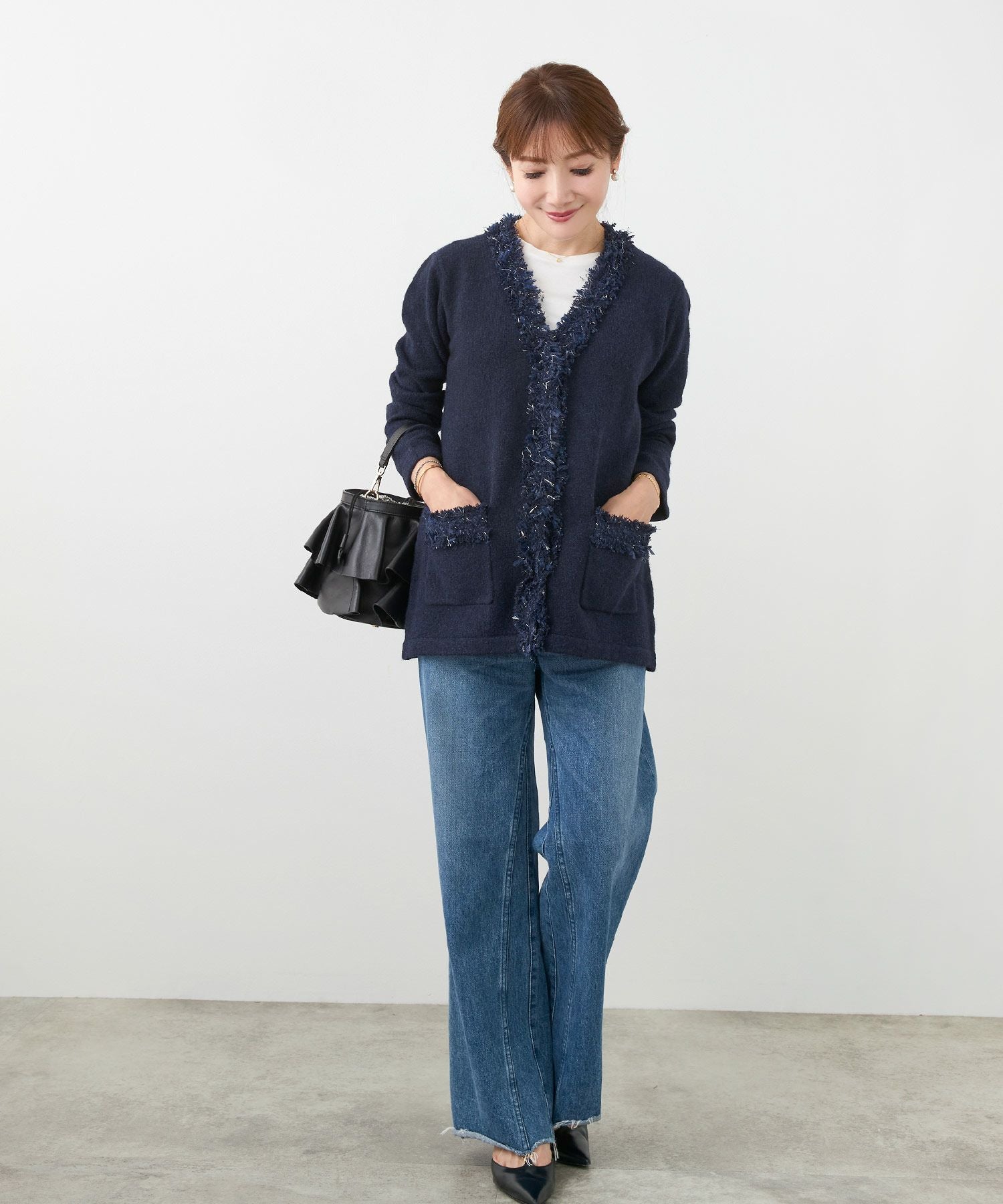 フリンジ ツイード Vネック ニット カーディガン