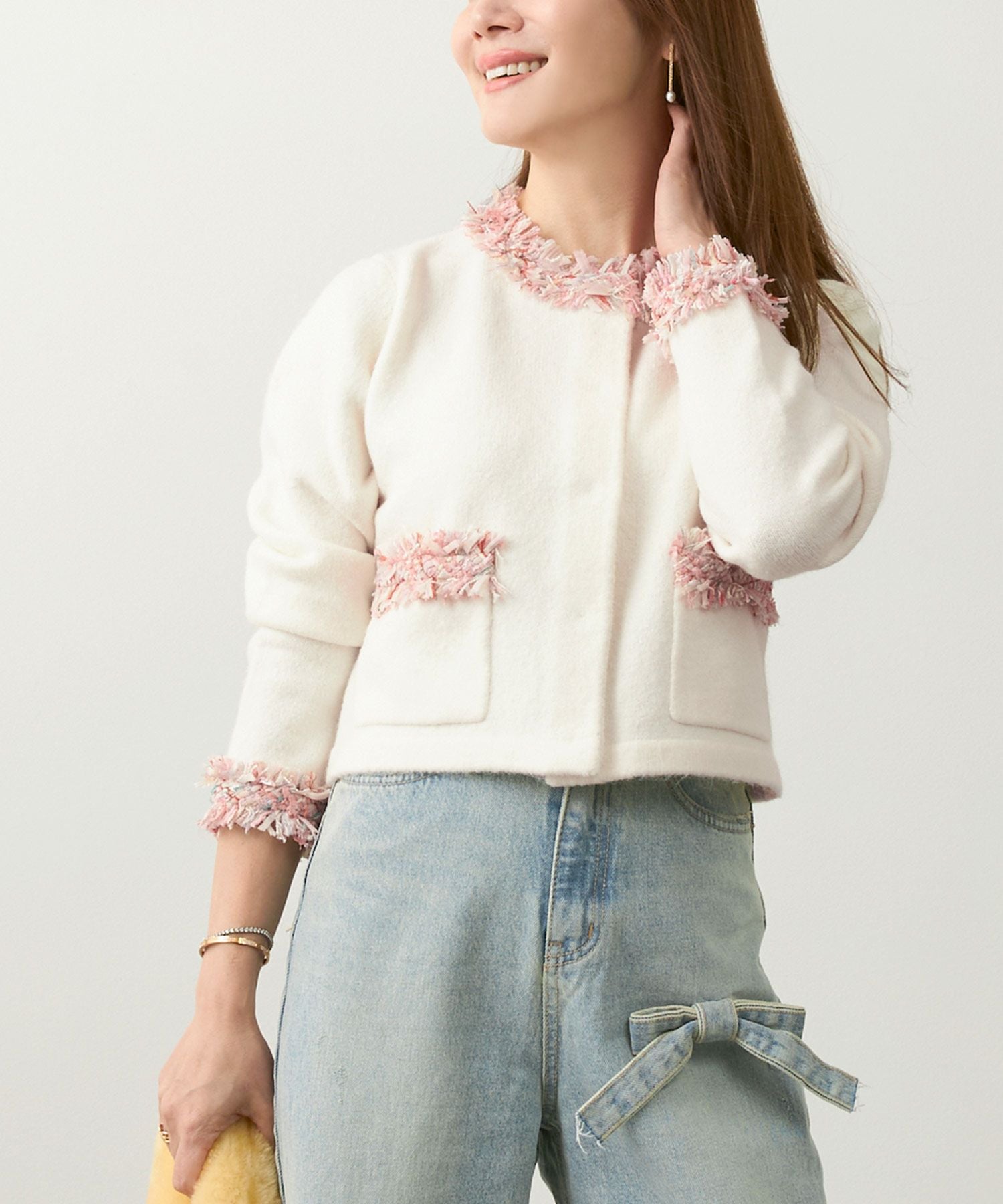 フリンジ ツイード ラウンドネック ニット カーディガン