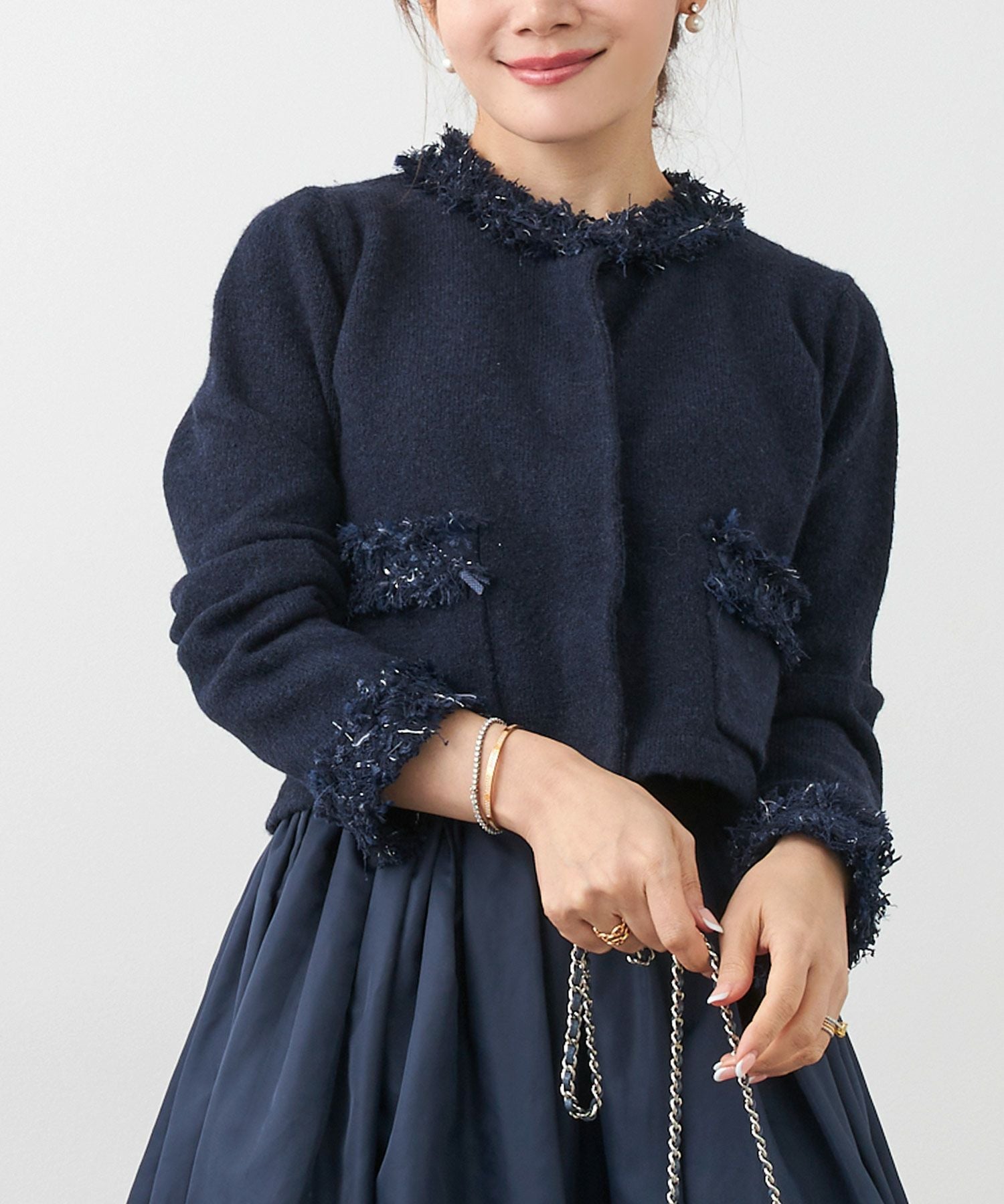 フリンジ ツイード ラウンドネック ニット カーディガン