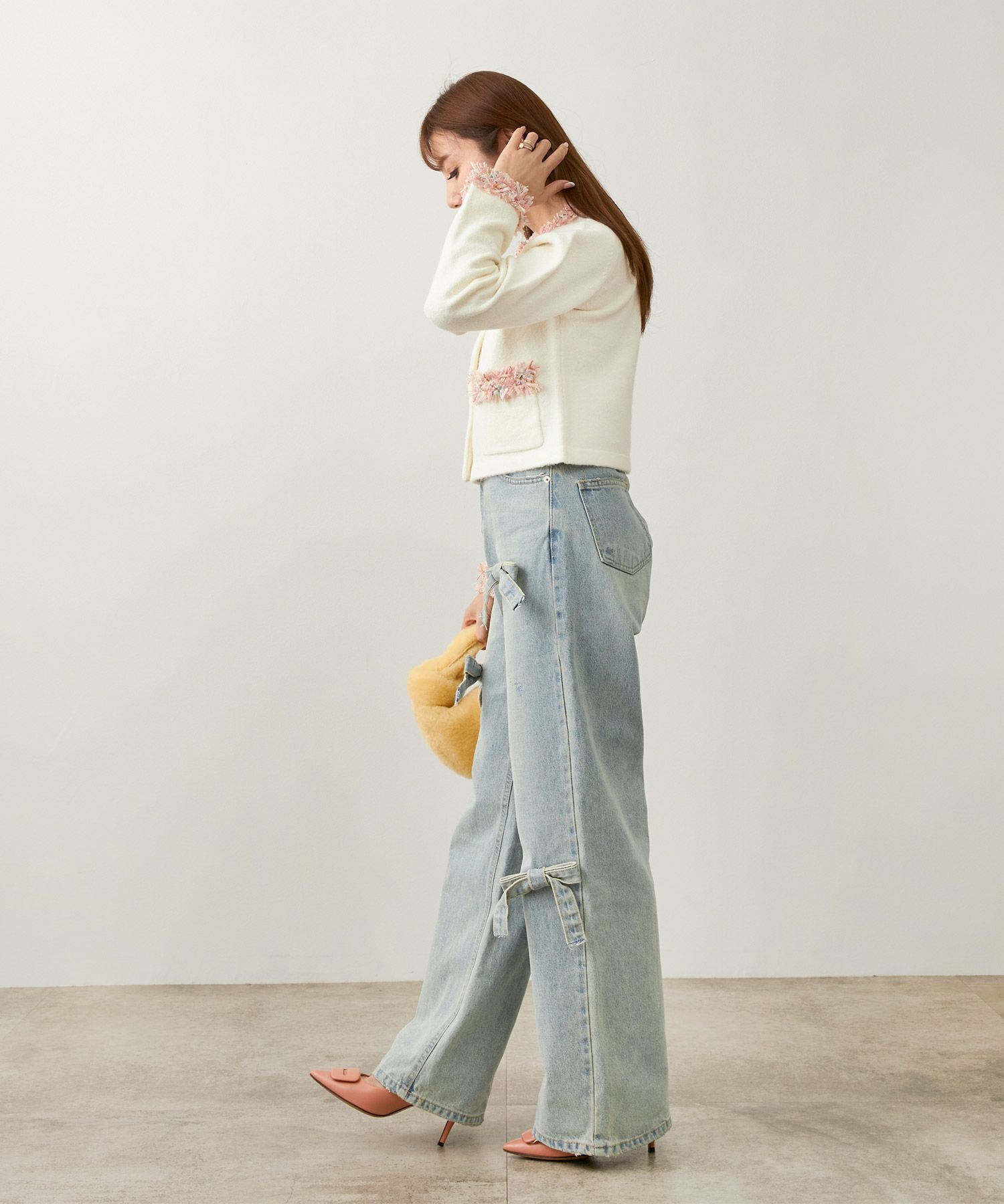 フリンジ ツイード ラウンドネック ニット カーディガン