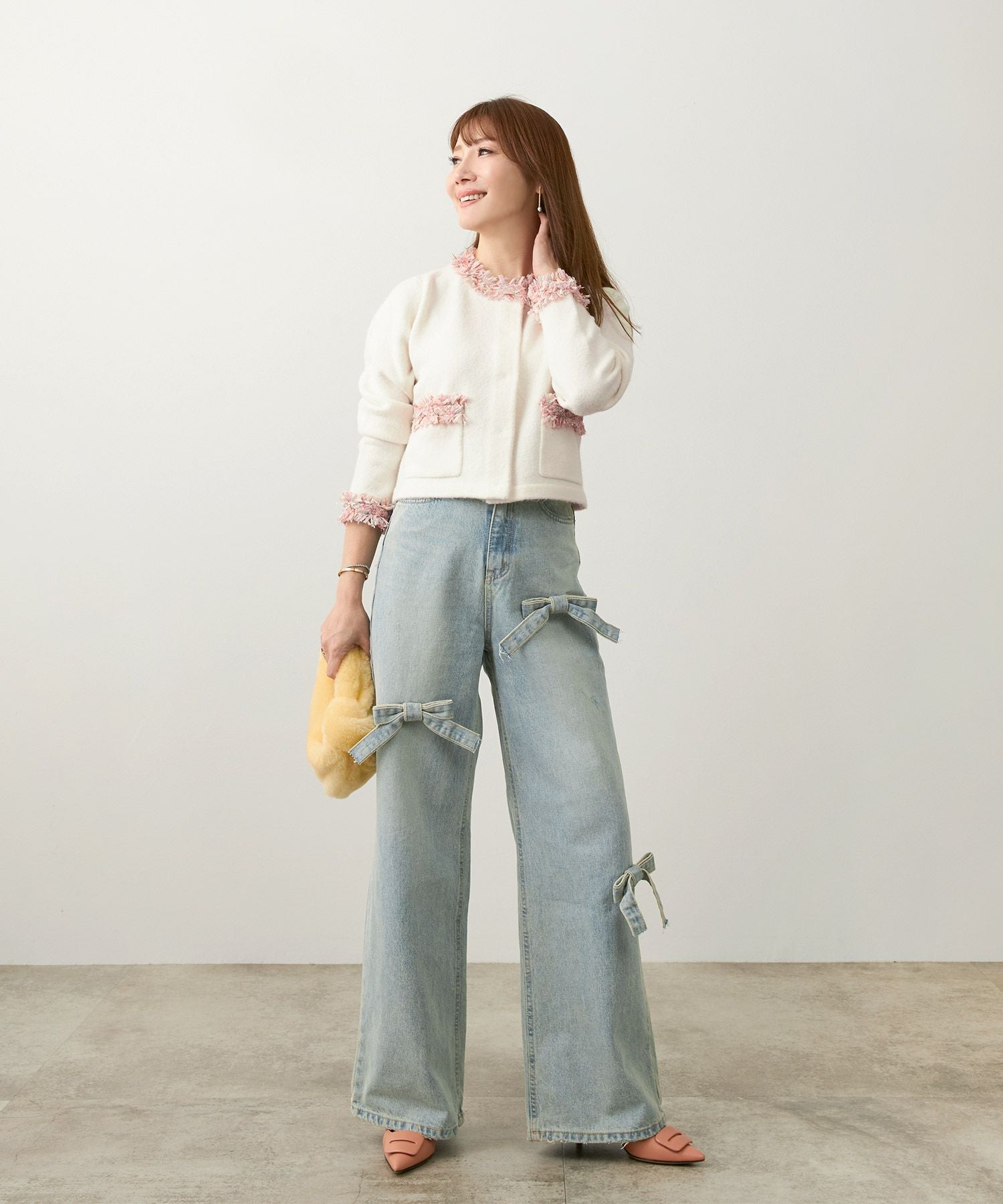 フリンジ ツイード ラウンドネック ニット カーディガン