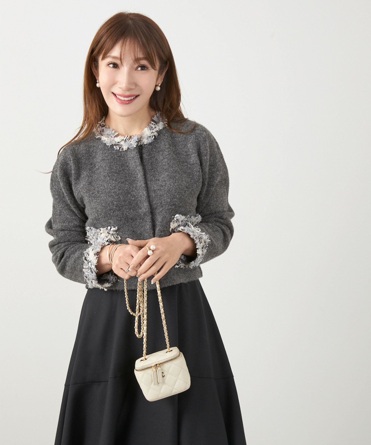 フリンジ ツイード ラウンドネック ニット カーディガン