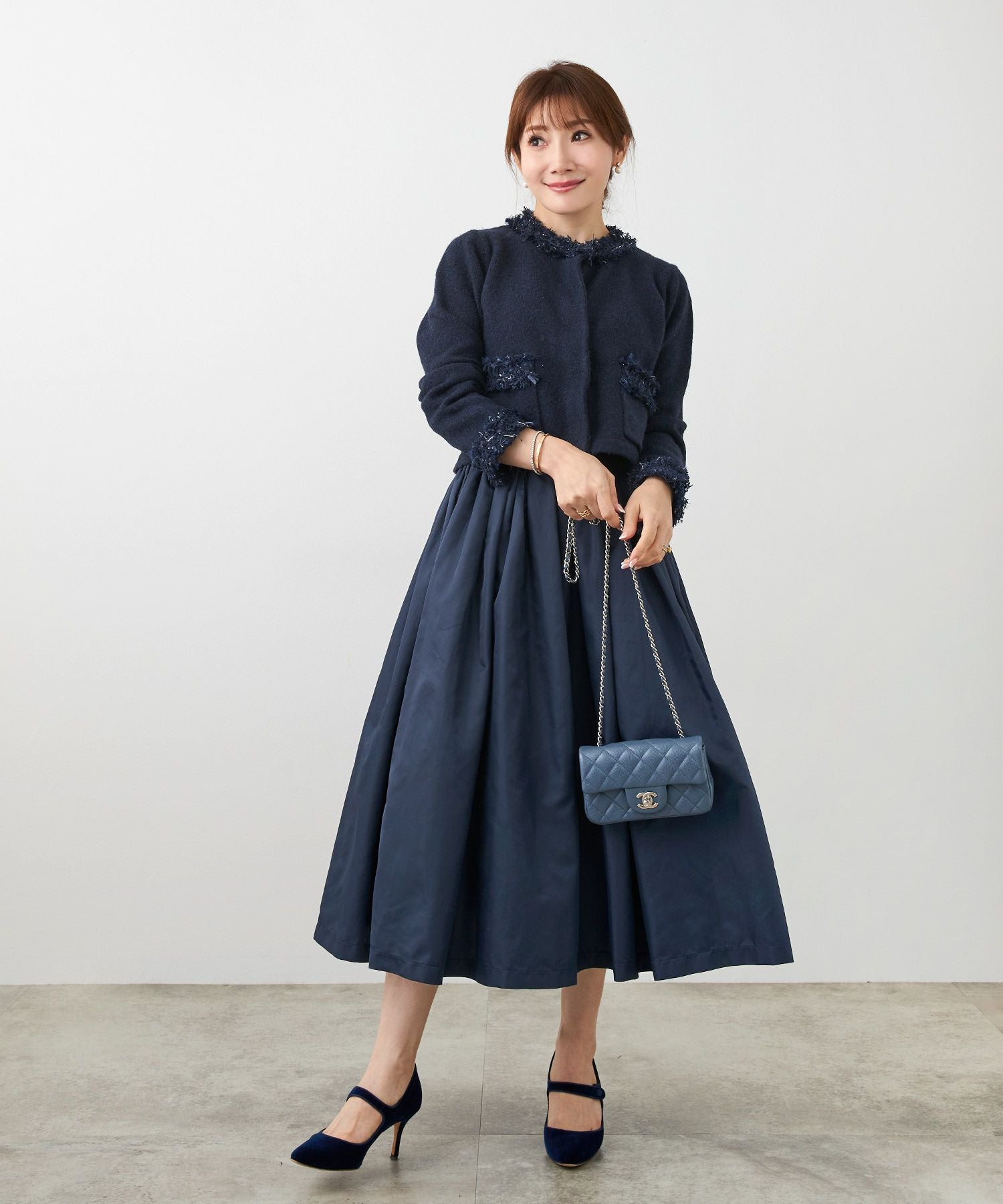 フリンジ ツイード ラウンドネック ニット カーディガン