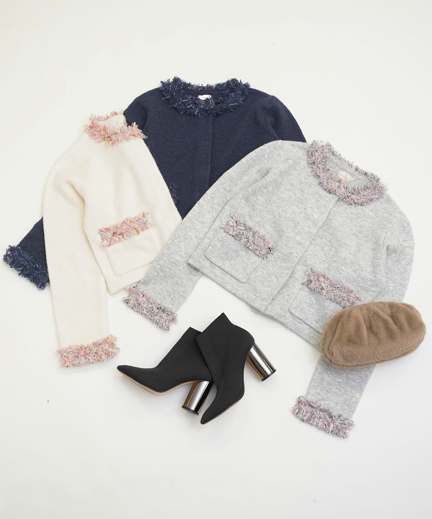 フリンジ ツイード ラウンドネック ニット カーディガン