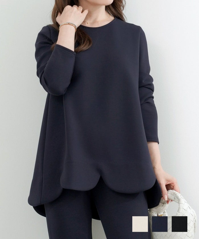 手洗い可 日本製 トップス スカラップ ダンボールニット 春夏 秋 白黒 ウォッシャブル 洗える 動きやすい ジョイントスペース ダンボールニット スカラップヘム プルオーバー 長袖 Liala×PG